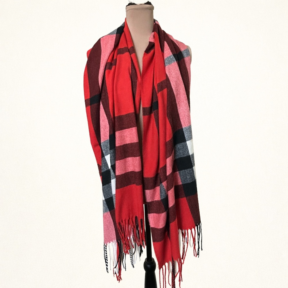 SKY Cashmere 100% Virgin Wool Red Plaid Fringe Scarf Winter Wrap NWT